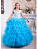 White Lace Blue Tulle Ruffled Floor Length Flower Girl Dress White Lace Blue Tulle Ruffled Floor Length Flower Girl Dress